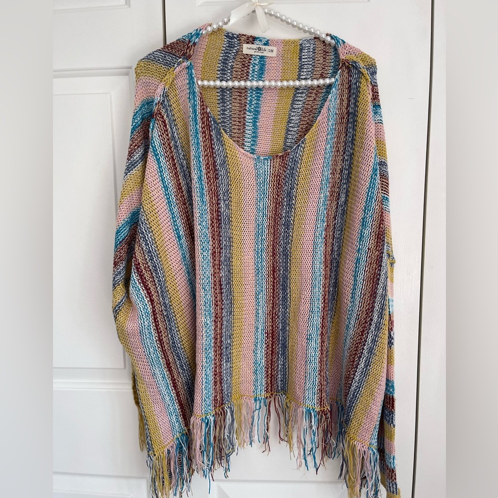 Natural Life striped cotton fringe poncho sweater S/M